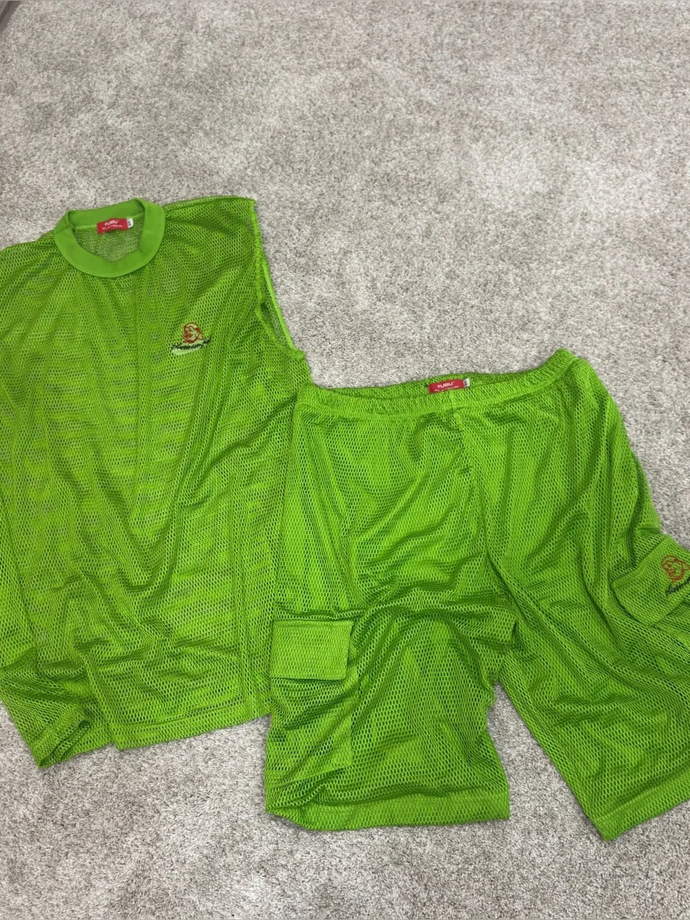 RARE y2k FUBU Platinum Neon Green Men's Basketball Jersey Mesh Tank & Shorts Set